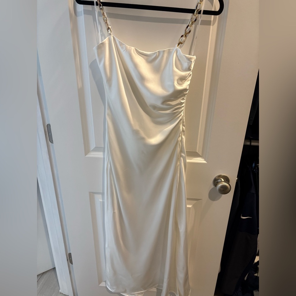 Lulus Blissful Memories White Satin Chain Strap Slip Midi Dress